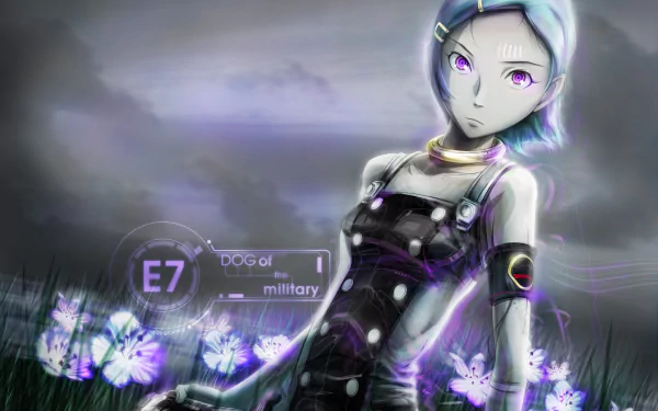 Eureka from Eureka Seven as an HD PC desktop wallpaper: short pale-haired girl with violet eyes in a dark suit, standing among glowing purple flowers under a moody sky with E7 HUD text.