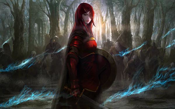 A dark anime scene featuring Blair from Pixiv Fantasia Fallen Kings, standing with a shield and sword amidst an undead army in a misty forest, illuminated by eerie blue flames.