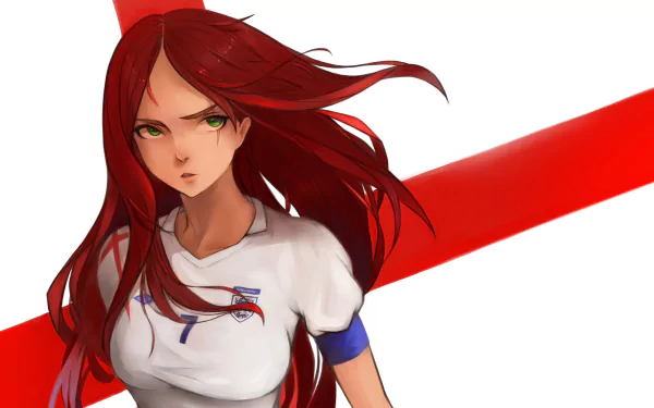 Katarina from League of Legends, featuring her distinct red hair and a scar, is portrayed in a soccer uniform, blending gaming and sport in this HD desktop wallpaper.