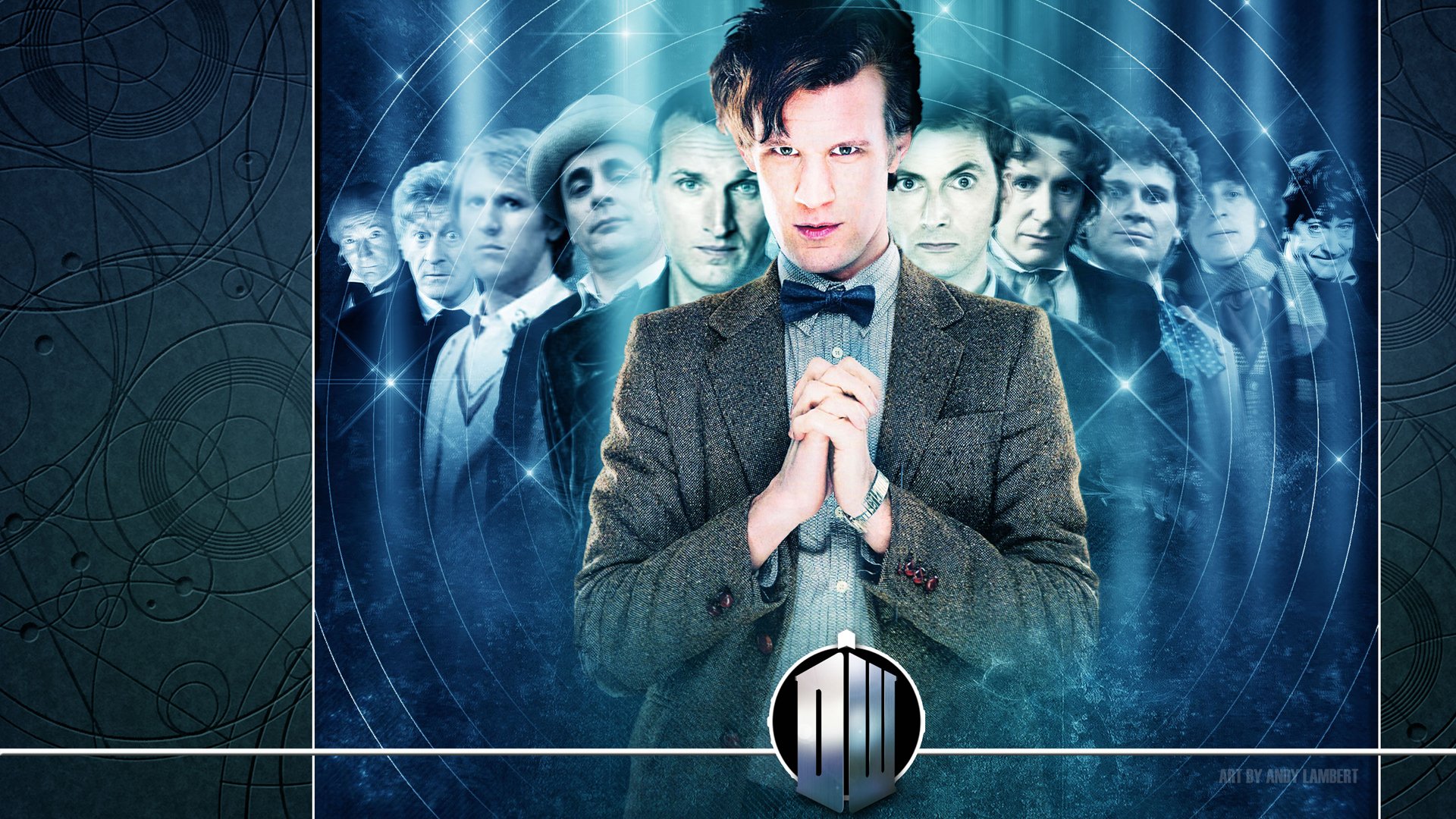 HD PC desktop wallpaper featuring the Doctors from the TV show Doctor Who (2005), centered on the Eleventh Doctor with all previous incarnations in the background.