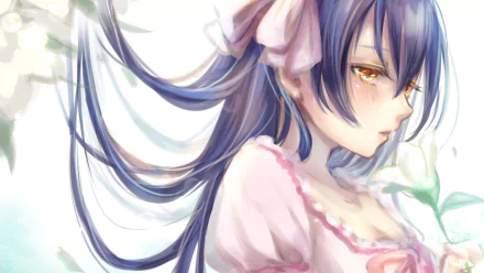 HD wallpaper featuring Umi Sonoda from Love Live! She is illustrated in an anime style with long flowing hair, wearing a soft pink dress, and surrounded by pastel colors.