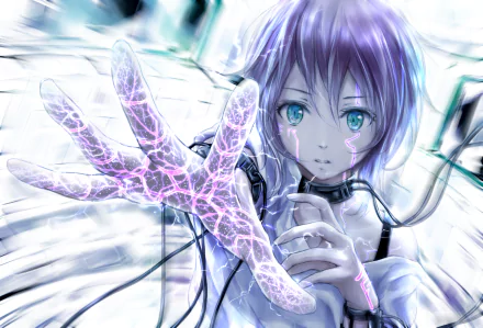 Anime girl with purple short hair and blue eyes, holding a glowing, intricate hand, set against a futuristic background. HD desktop wallpaper.