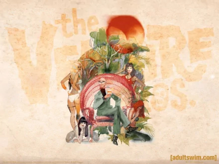 HD PC desktop wallpaper featuring The Venture Bros. TV show art: central characters lounging on a tropical, vintage chair with oversized faded title in a warm, textured background.