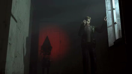 HD PC desktop wallpaper featuring a dark, eerie scene from the video game Silent Hill, with a mysterious figure illuminated against a shadowy background.