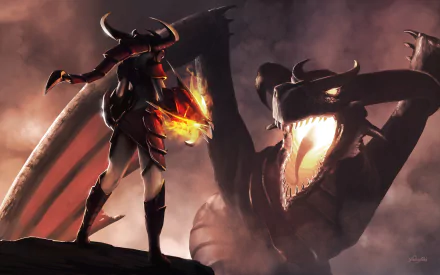 HD PC desktop wallpaper featuring Shyvana from the video game League of Legends, standing ready to battle a large, fiery dragon in a dramatic, dark fantasy setting.