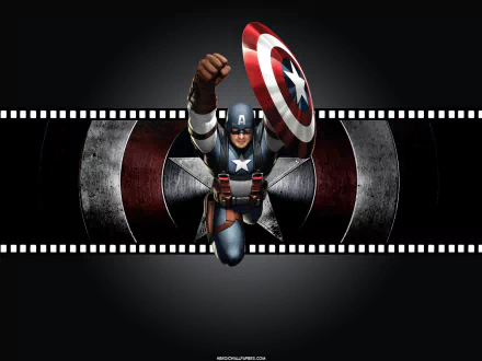 HD PC desktop wallpaper featuring a dynamic comic-style Captain America flying forward with his shield against a dark background accented by his emblem.
