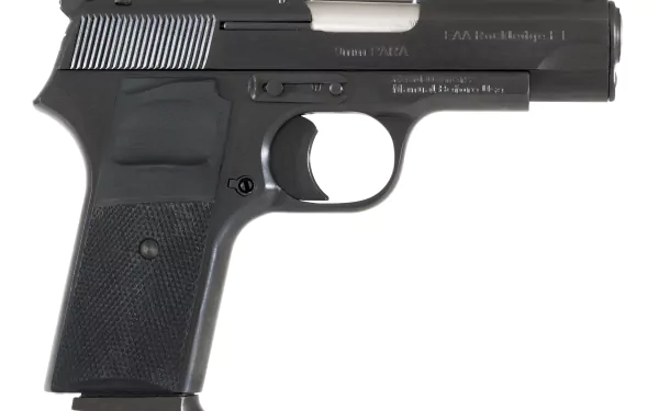 A close-up of a sleek black pistol, showcasing its design and features, set against a crisp background, suitable for a 4K Ultra HD PC desktop wallpaper.