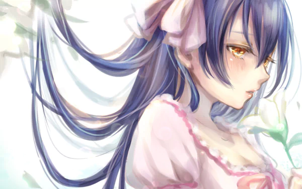 HD wallpaper featuring Umi Sonoda from Love Live! She is illustrated in an anime style with long flowing hair, wearing a soft pink dress, and surrounded by pastel colors.