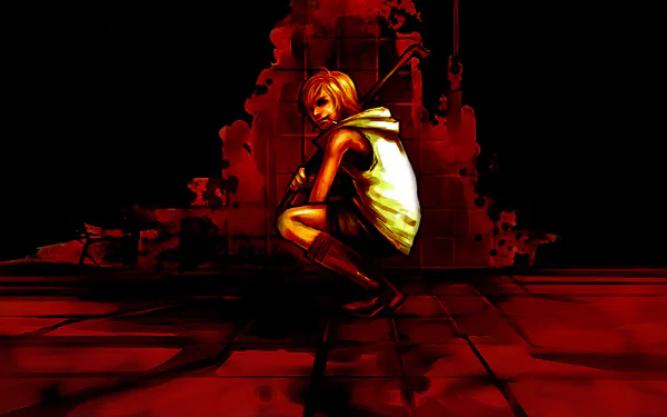 HD PC desktop wallpaper of the video game Silent Hill 3: protagonist Heather crouches amid a blood-red, decayed industrial corridor, high-contrast horror background.