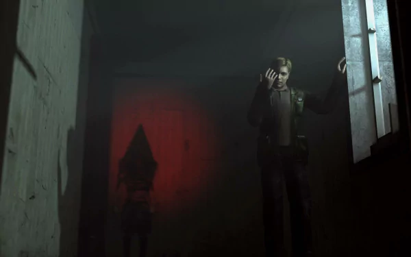 HD PC desktop wallpaper featuring a dark, eerie scene from the video game Silent Hill, with a mysterious figure illuminated against a shadowy background.