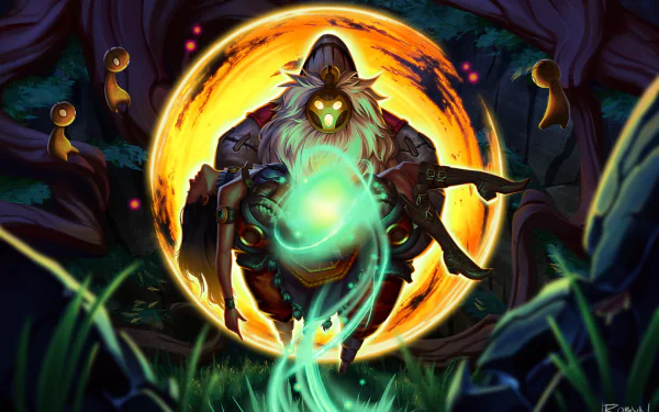 A vibrant HD wallpaper featuring Bard, the spirit character from League of Legends, surrounded by glowing orbs and a mystical background, capturing a magical essence.