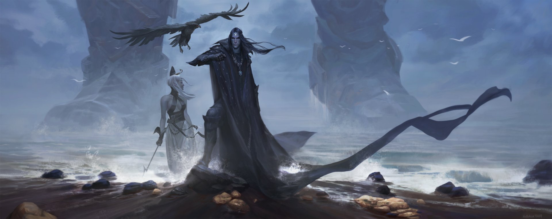 HD PC desktop wallpaper/background: fantasy warrior scene — a dark robed warrior with a raven and a pale companion stand on a misty rocky shore beneath towering stone pillars.