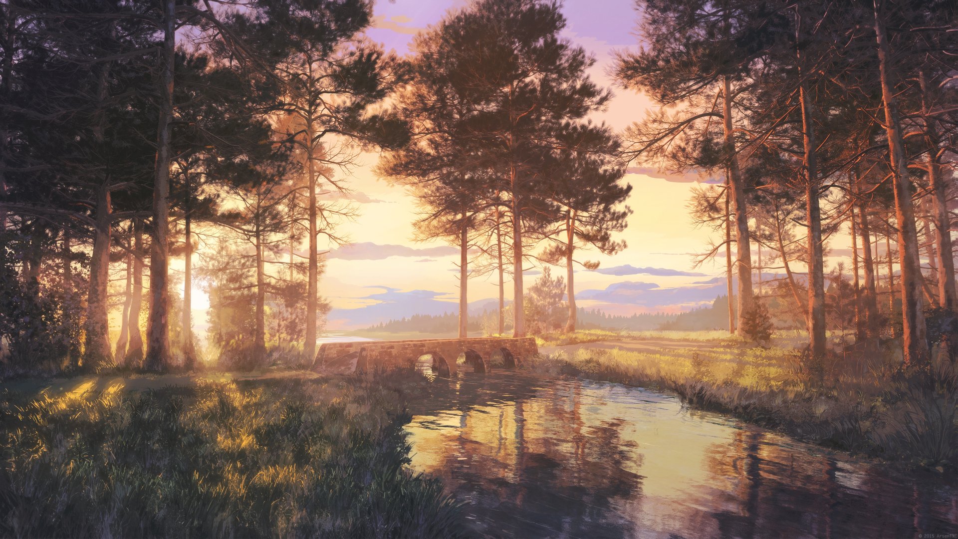 A serene landscape featuring a river reflecting the sunset, surrounded by a lush forest and an artistic bridge, creating a tranquil atmosphere for a stunning HD wallpaper.