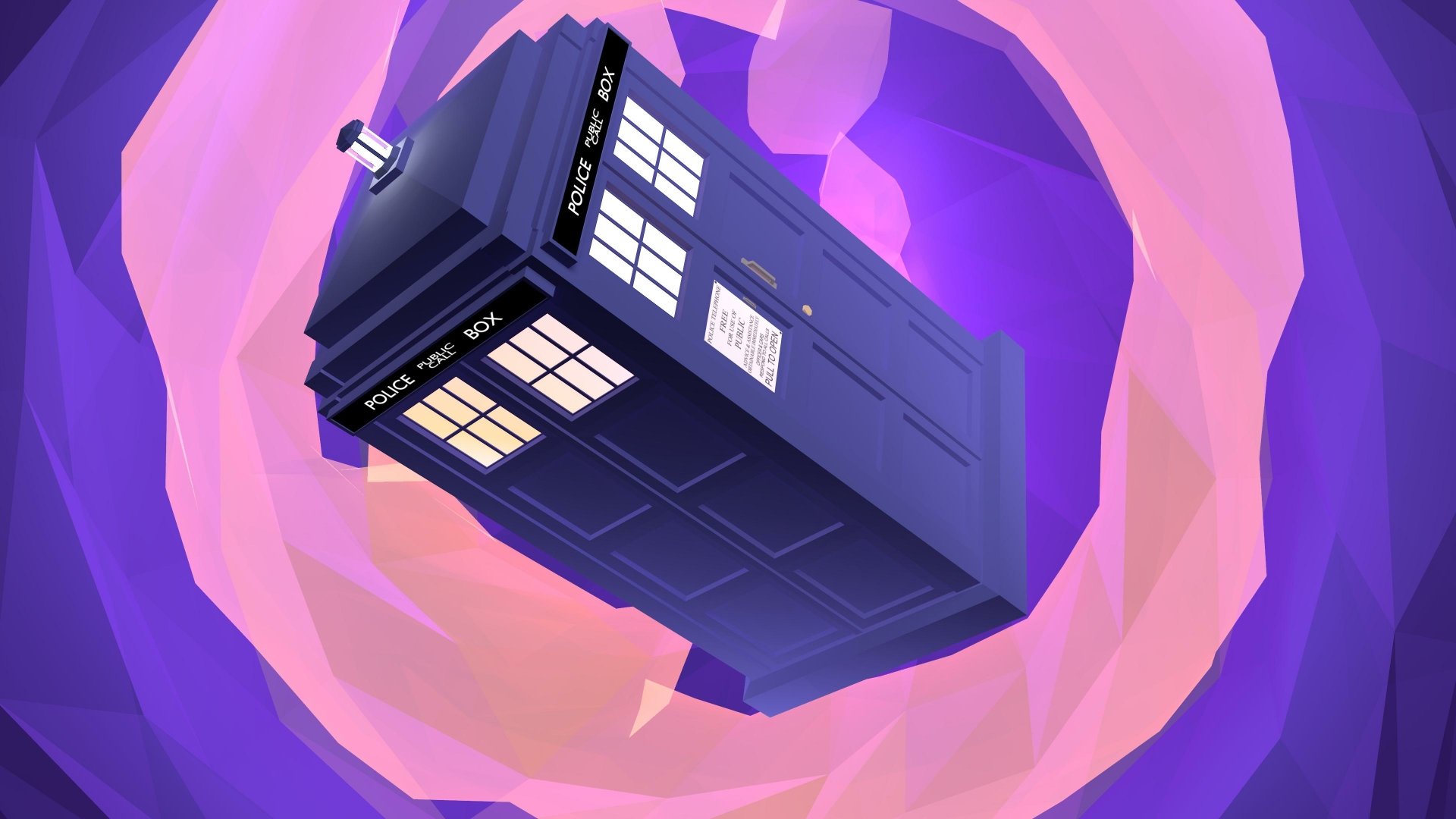 4K Ultra HD desktop wallpaper featuring the TARDIS from the TV show Doctor Who (2005) against a vibrant, swirling purple and pink vortex background.