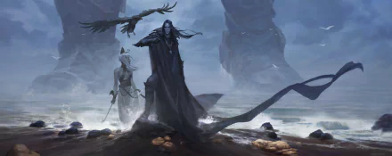 HD PC desktop wallpaper/background: fantasy warrior scene — a dark robed warrior with a raven and a pale companion stand on a misty rocky shore beneath towering stone pillars.