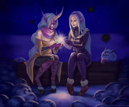 Syndra and Soraka from League of Legends sit on a bench exchanging a glowing orb under a starry sky, surrounded by poros — 2K Quad HD PC desktop wallpaper.