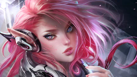 HD desktop wallpaper featuring a sci-fi themed digital artwork of a woman with vibrant pink hair and futuristic headphones.