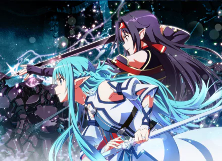 HD desktop wallpaper featuring Asuna Yuuki and Yuuki Konno from Sword Art Online II, depicted as elves wielding swords in an intense battle scene with a mystical dark background.