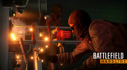 Battlefield: Hardline video game 2K Quad HD PC desktop wallpaper — masked raider wiring explosives amid sparks and machinery, game logo in lower-right.