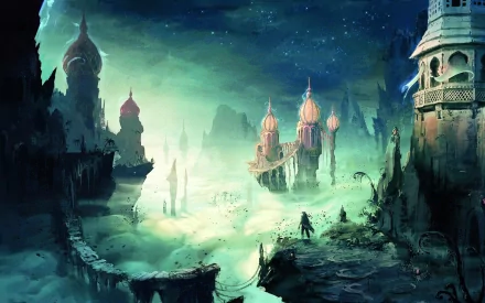 HD desktop wallpaper featuring an enchanting landscape from the video game Prince of Persia, showcasing mystical architecture and a surreal atmosphere under a starlit sky.