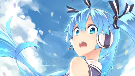HD PC desktop wallpaper featuring Hatsune Miku from the Vocaloid series, depicted in vibrant anime style against a bright blue sky with clouds.