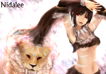 HD PC desktop wallpaper featuring Nidalee from League of Legends with a cougar, blending dynamic poses and soft, fiery effects in a video game style.