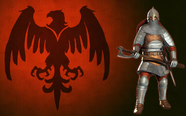 HD PC desktop wallpaper of the video game Chivalry: Medieval Warfare — armored medieval knight with polearm stands against a red‑black backdrop featuring a stylized double‑headed eagle emblem.