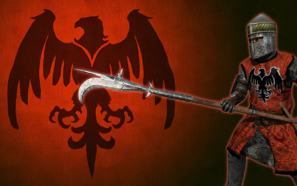 HD PC desktop wallpaper for the video game Chivalry: Medieval Warfare — armored knight in red tabard with black eagle emblem wielding a spiked polearm before a red eagle sigil.