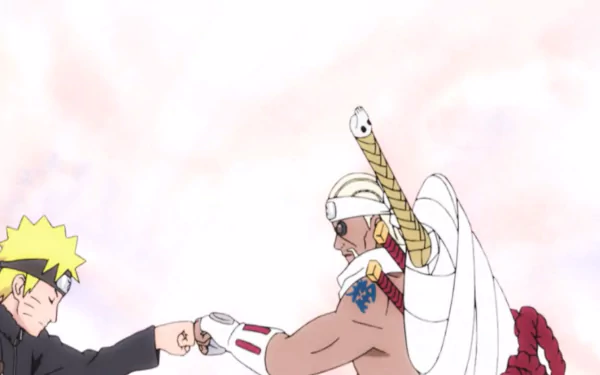 HD desktop wallpaper featuring Naruto Uzumaki and Killer Bee from the anime Naruto, sharing a fist bump against a light, cloudy background.