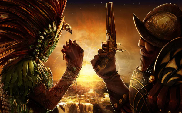 HD desktop wallpaper from the video game Medieval II: Total War, depicting a fierce standoff between a warrior in tribal armor and a heavily armored soldier with a pistol.