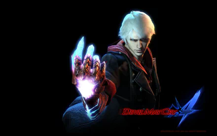HD wallpaper featuring a character from the video game Devil May Cry 4, displaying a dramatic pose with a glowing, outstretched hand.