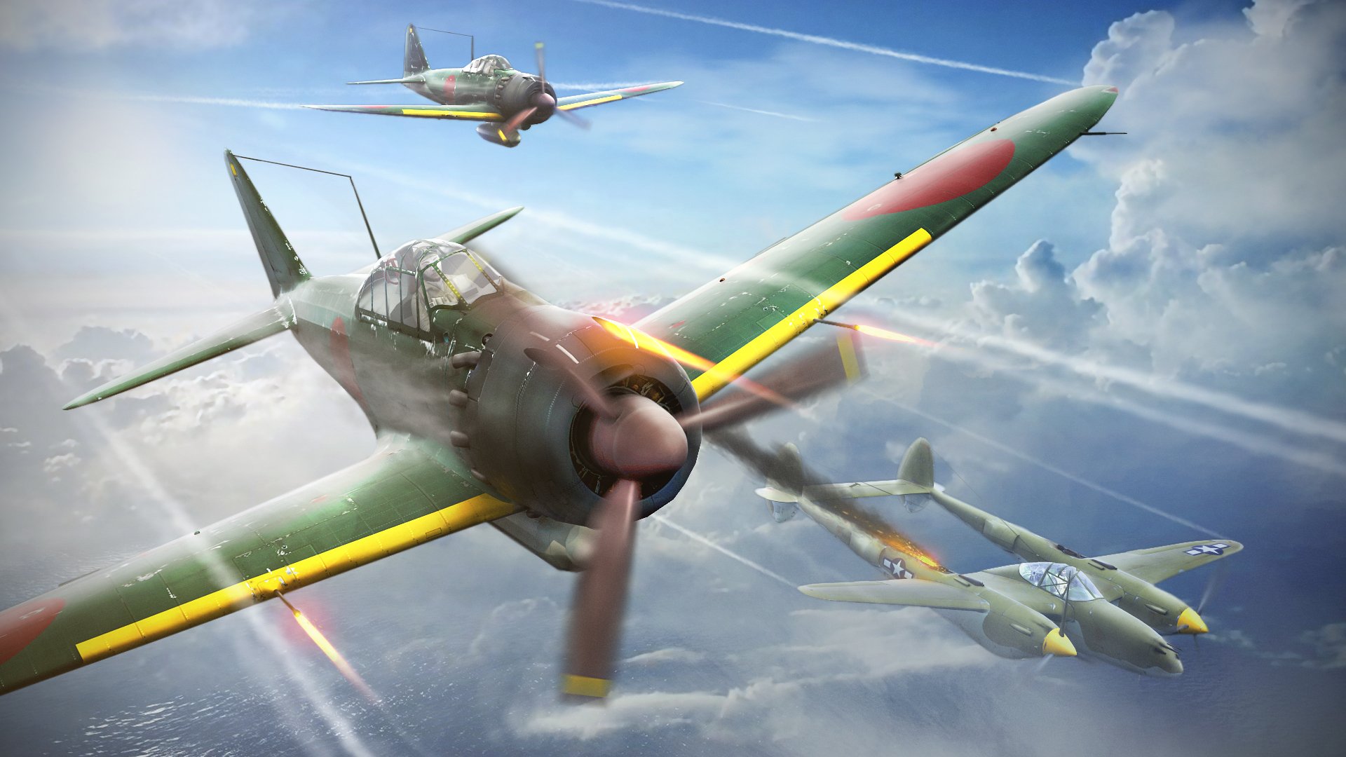 HD PC desktop wallpaper featuring War Thunder vintage fighter planes engaged in aerial combat above the clouds in a dynamic video game scene.