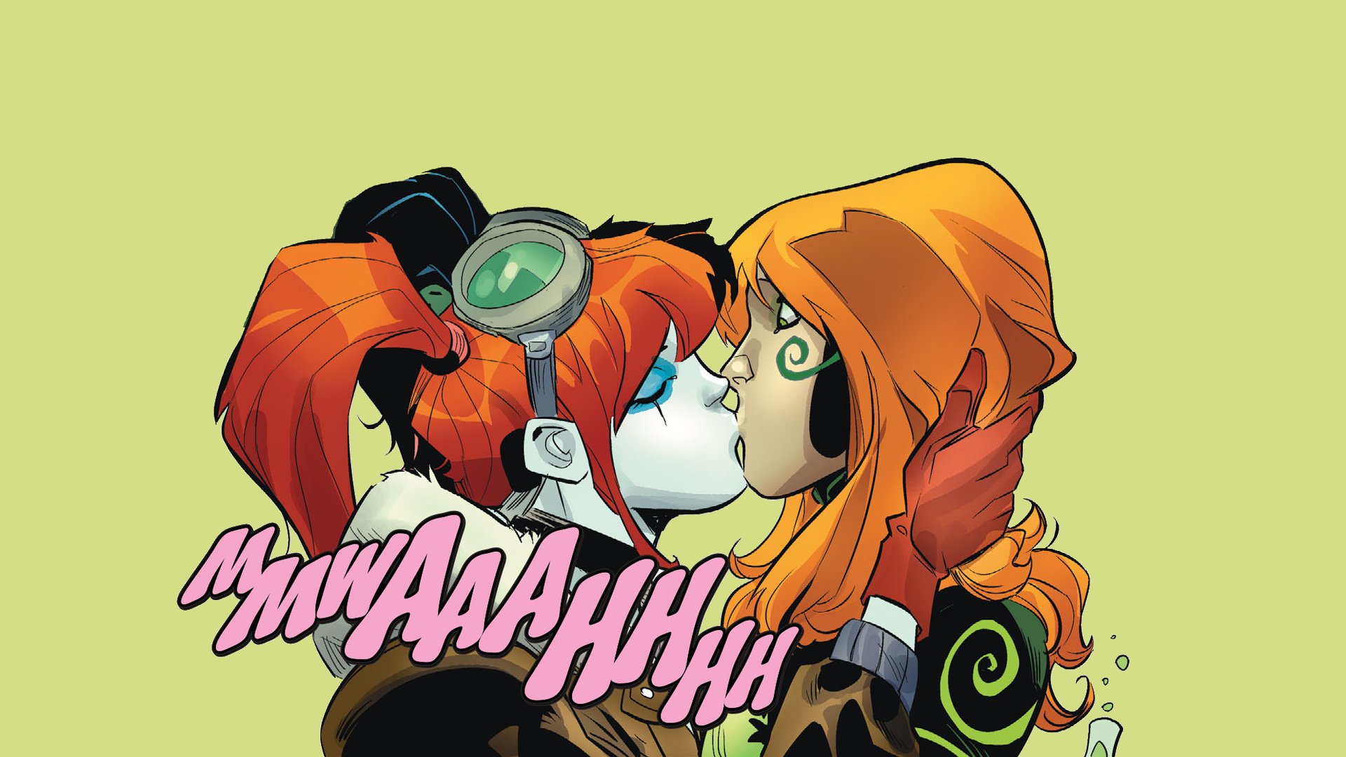 HD PC desktop wallpaper featuring comic-style Harley Quinn sharing a kiss with another character against a light green background.