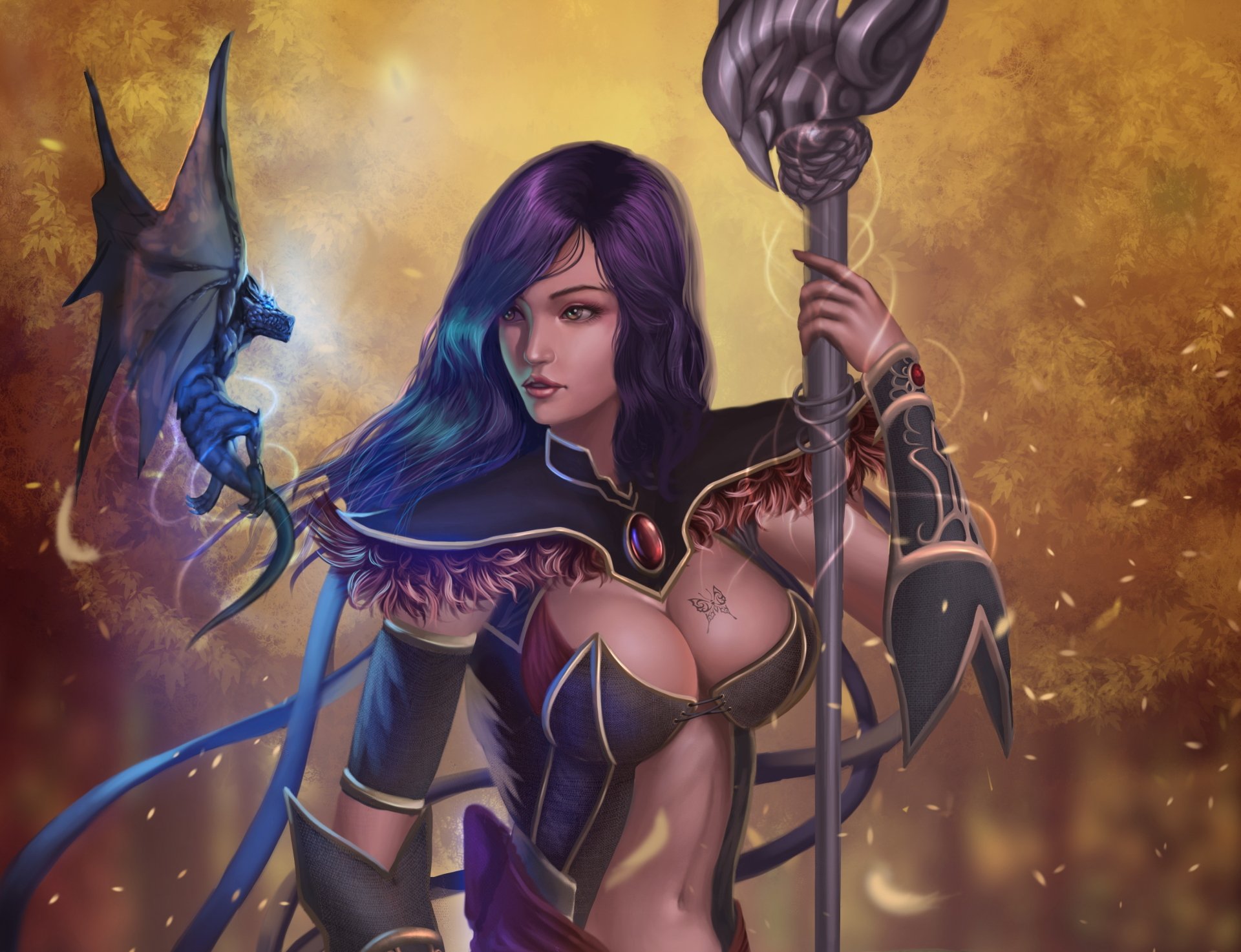 Fantasy-themed HD PC desktop wallpaper featuring a powerful witch with flowing purple hair, intricate armor, and a small dragon perched nearby in a mystical golden background.