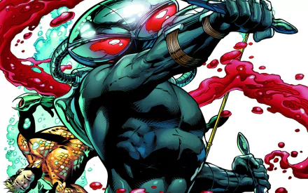 HD PC desktop wallpaper featuring Black Manta from the Aquaman comic series in a dynamic underwater battle scene.