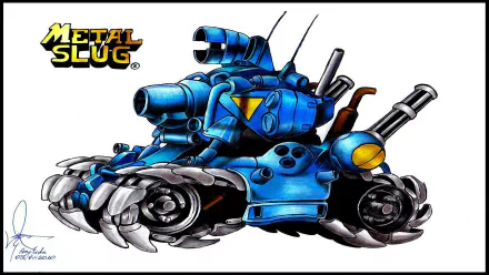 HD PC desktop wallpaper showing a stylized blue armored tank from the video game Metal Slug XX, detailed art with twin cannons, spiked treads and the Metal Slug logo on a white background.