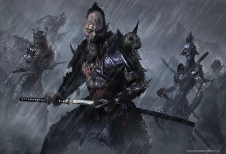 Dark warrior wielding a katana in a rain-soaked battlefield, surrounded by shadowy, armored figures; HD PC desktop wallpaper and background.