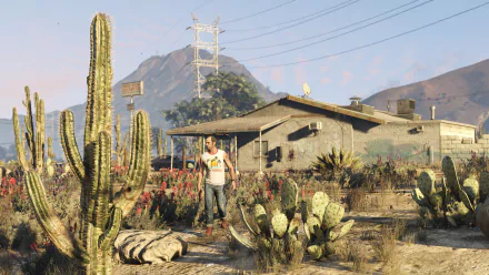 A vibrant scene from Grand Theft Auto V featuring a character among cacti and desert flora, set against a mountainous background. A striking 4K Ultra HD PC desktop wallpaper.