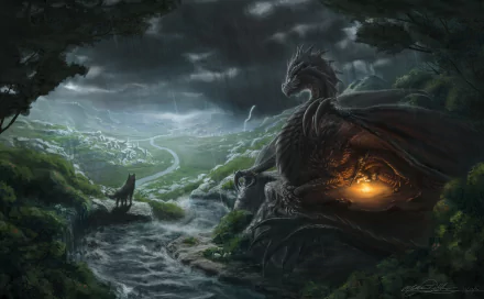 A stunning 4K Ultra HD fantasy scene featuring a majestic dragon amidst a dramatic landscape, with a winding river and a figure gazing in awe at the mythical creature.