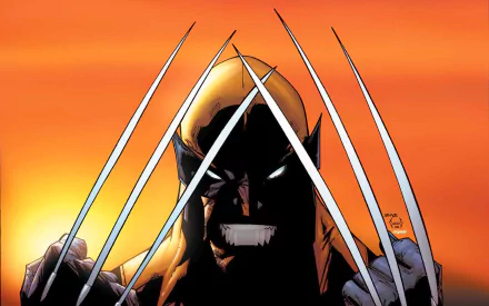 HD comic-style desktop wallpaper featuring Wolverine with claws extended against an intense orange sunset background.