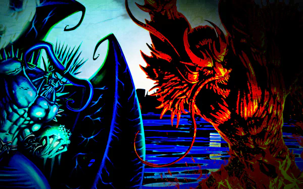 HD PC desktop wallpaper depicting a fantasy scene with a water monster facing a fiery red devil-like demon under a dark, eerie atmosphere.