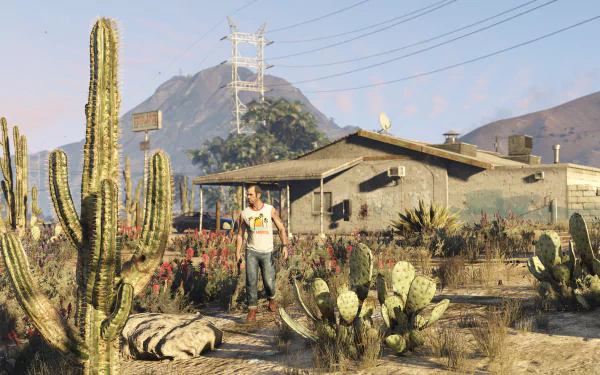 A vibrant scene from Grand Theft Auto V featuring a character among cacti and desert flora, set against a mountainous background. A striking 4K Ultra HD PC desktop wallpaper.