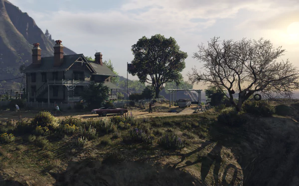 A serene HD wallpaper from Grand Theft Auto V, showcasing a detailed house surrounded by trees and mountains, capturing the essence of the game's vibrant landscapes.