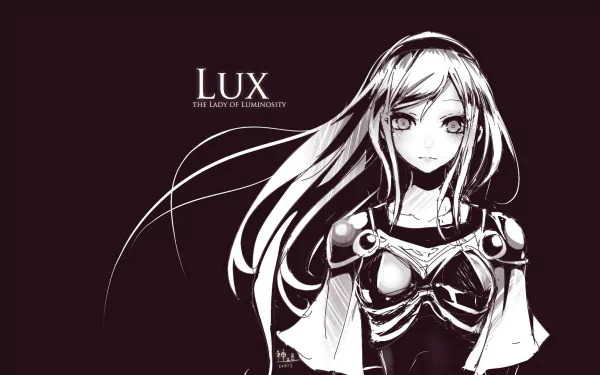 HD PC desktop wallpaper featuring Lux from the video game League of Legends, showcasing her iconic look in a monochrome artistic style.