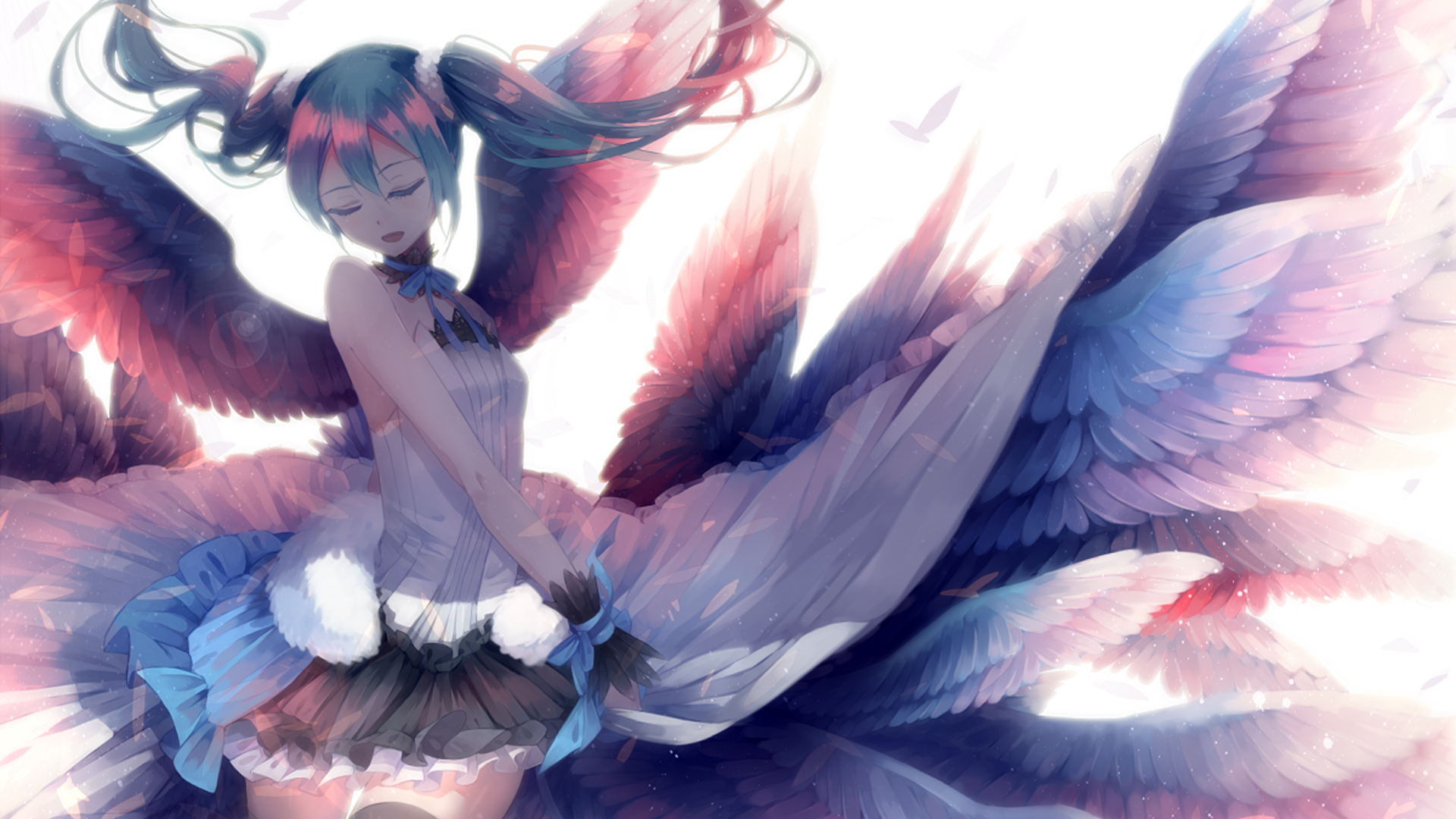 Anime-inspired HD wallpaper featuring Hatsune Miku, showcasing her in an elegant dress with vibrant wings, blending ethereal beauty and Vocaloid charm.