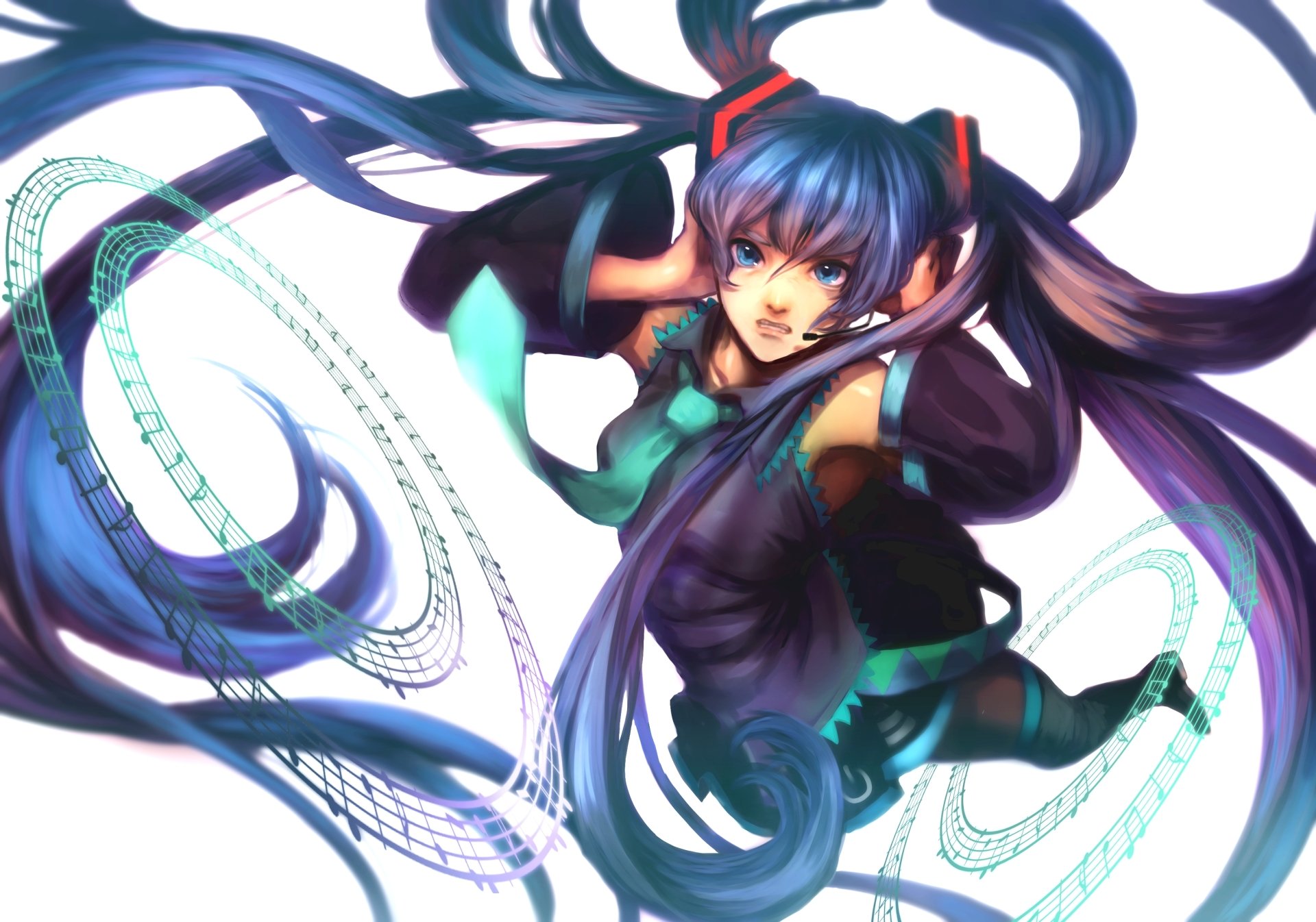 Hatsune Miku anime Vocaloid with flowing teal twin-tails and glowing musical rings, dynamic pose on a bright backdrop — 2K Quad HD PC desktop wallpaper and background.