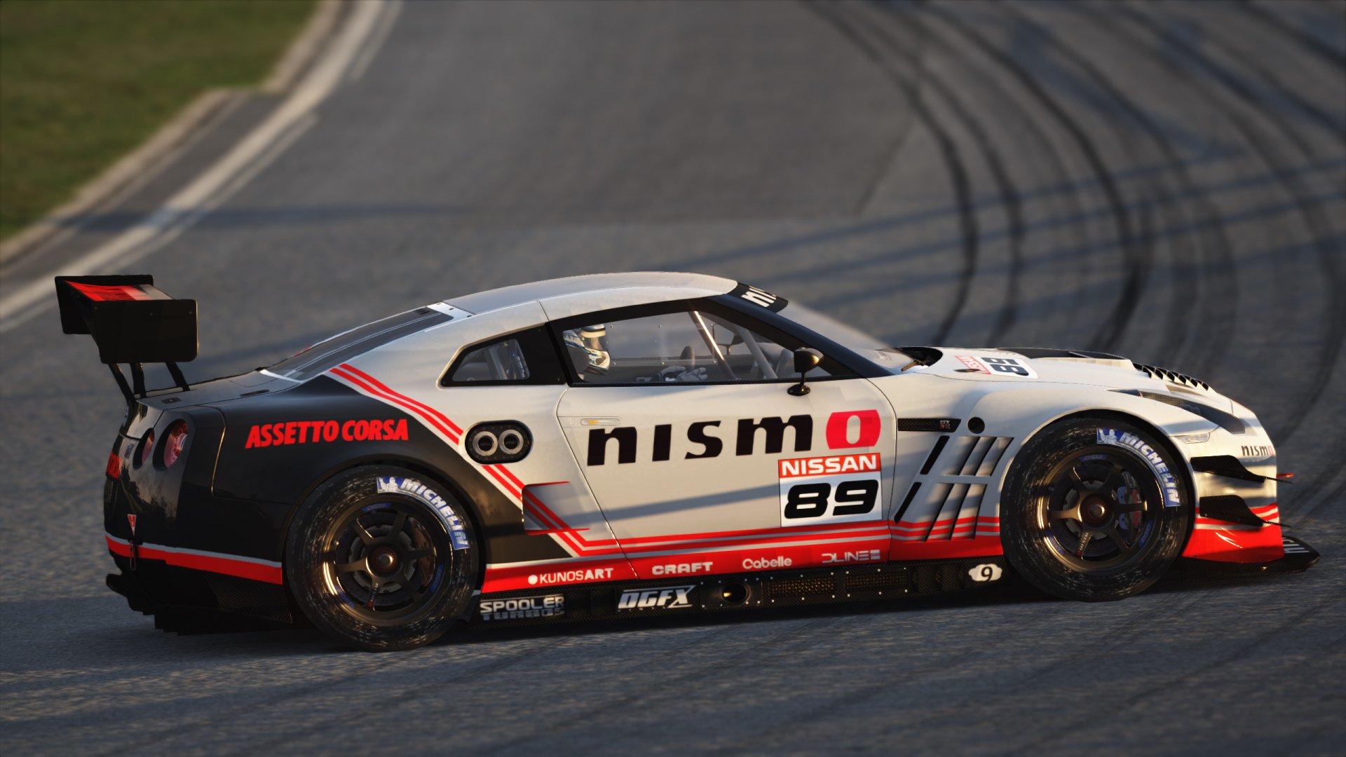 HD wallpaper featuring a Nissan racing car, prominently showcased in the video game Assetto Corsa, capturing dynamic motion and vibrant design on a racetrack.