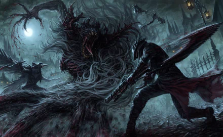 HD desktop wallpaper featuring a gothic, dark fantasy scene from the video game Bloodborne, depicting a character wielding a weapon battling a monstrous beast under a moonlit sky.