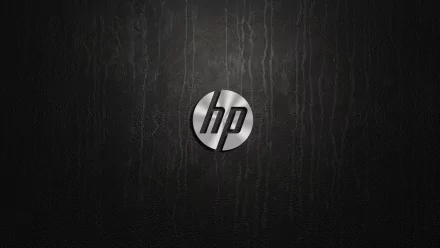 Dark textured HD PC desktop wallpaper featuring a metallic Hewlett-Packard (HP) logo centered, technology-themed background with subtle vertical streaks.