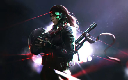 A sci-fi woman warrior wearing a helmet and holding a futuristic rifle, set against a dark, glowing background in HD detail for a PC desktop wallpaper.